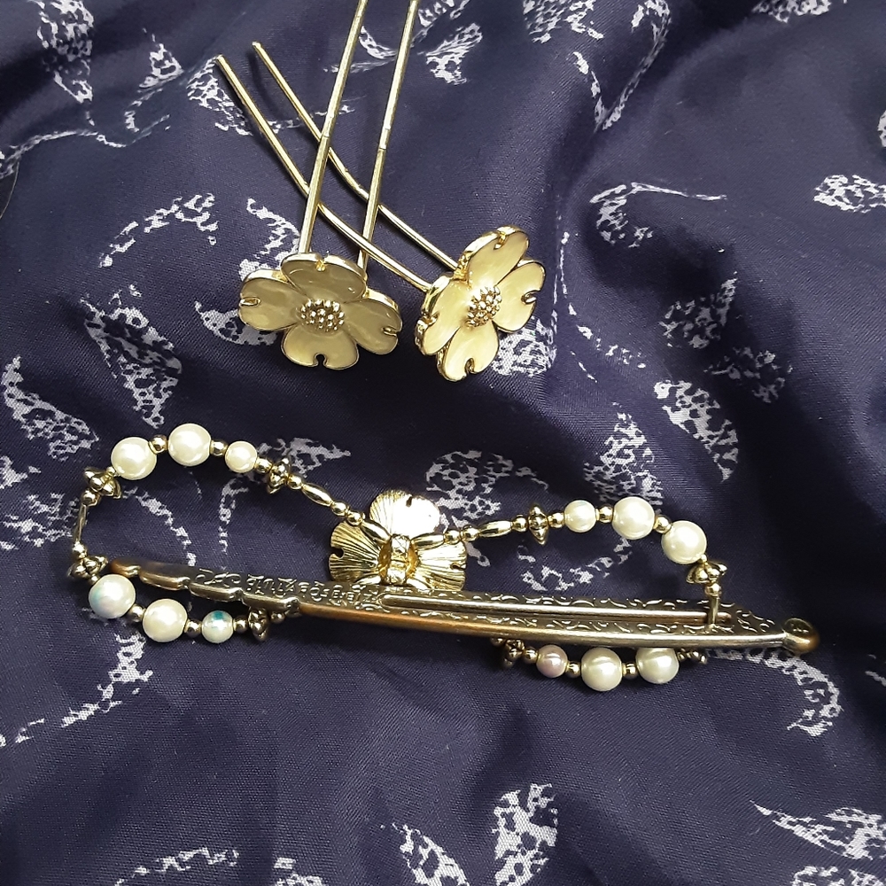 XL White and Gold Lilla Rose hair clip & 2 Upins as a set - Picture 2 of 5